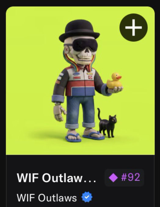 A digital collectible card titled 'WIF Outlaws' featuring a 3D skeleton character wearing a bowler hat, sunglasses, and a racing jacket, holding a yellow rubber duck next to a black cat.