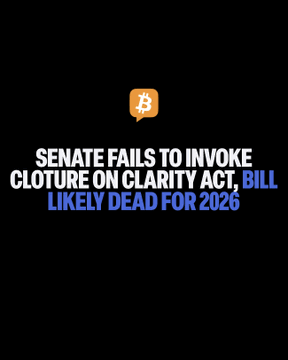 A graphic on a black background displays an orange Bitcoin-style "B" logo with the text "SENATE FAILS TO INVOKE CLOTURE ON CLARITY ACT, BILL LIKELY DEAD FOR 2026," illustrating the post's announcement that H.R. 3633 fell short of the 60 votes needed for cloture, effectively ending the bill's chances this year.