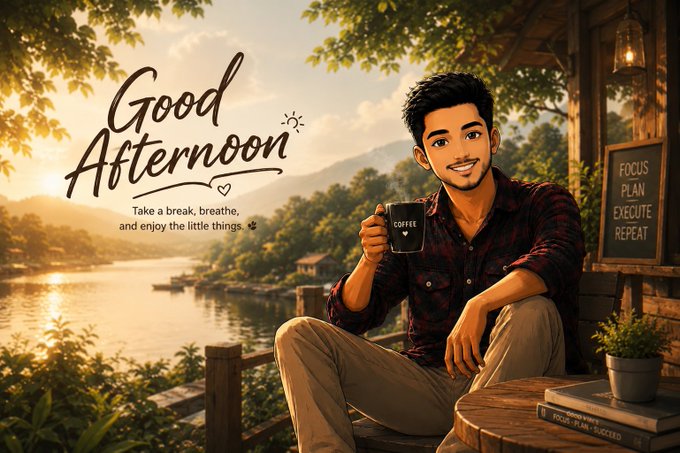 An illustrated "Good Afternoon" greeting card showing a smiling young man in a plaid shirt holding a coffee mug at a lakeside setting, with the text "Take a break, breathe, and enjoy the little things" and a chalkboard reading "FOCUS PLAN EXECUTE REPEAT."