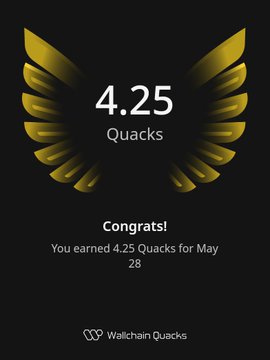 The image features an advertisement for Quacks, which is a website that allows users to apply for Quacks competitions or contests. The main focus of the image is a gold-colored bird with wings spread wide, symbolizing the Quacks logo. Below the bird, there's text that congratulates the user on their 4.25 Quacks achievement and mentions that they are still in the process of reviewing applications before accepting them into upcoming campaigns or applications.