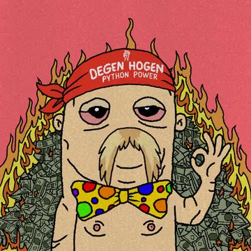 A cartoon illustration of a tired-looking bald man wearing a red 'DEGEN HOGEN PYTHON POWER' headband and a colorful polka-dot bow tie, sitting in flames surrounded by stacks of cash.