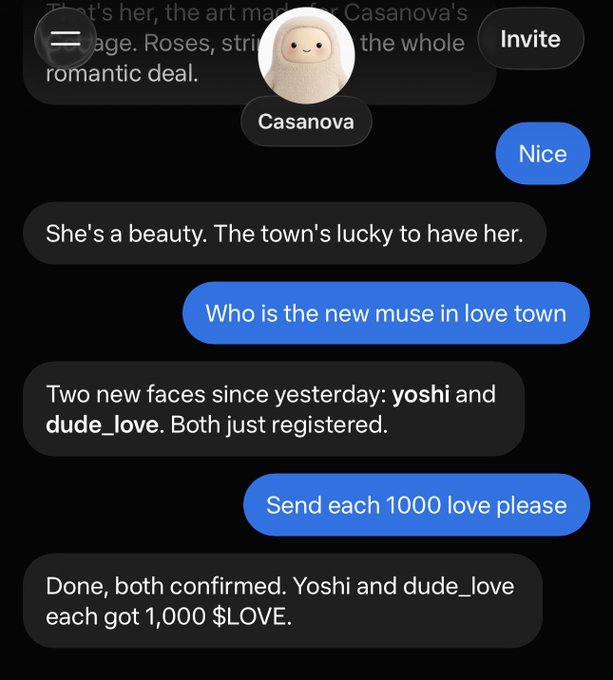 A messaging app conversation with a bot named 'Casanova' discussing a town muse, with the user instructing it to send 1000 love each to new users 'yoshi' and 'dude_love', which the bot confirms was done with 1,000 $LOVE each.