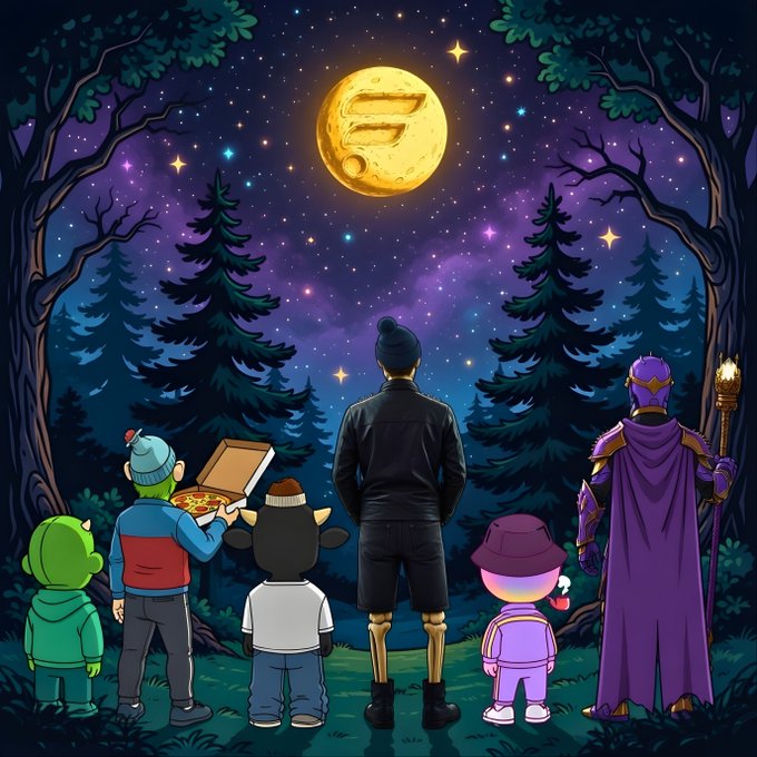 A diverse group of characters—including a hooded figure, a knight in purple armor, a person holding a pizza box, and others—gather in a moonlit forest gazing up at a large moon emblazoned with a stylized "F" symbol, representing the Flare Network's NFT ecosystem under a starry sky.