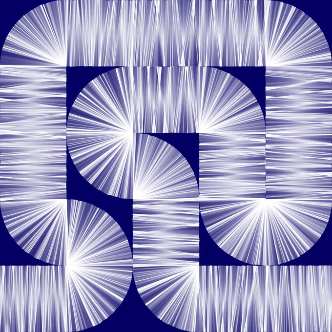 An abstract geometric artwork featuring radiating starburst patterns in white and purple on a dark blue background, arranged in a square composition.
