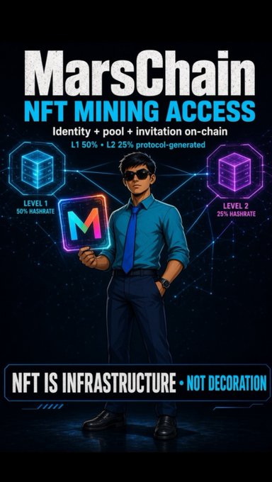 A promotional graphic for "MarsChain NFT Mining Access" featuring an illustrated character holding an "M" logo, with text "Identity + pool + invitation on-chain" and "NFT IS INFRASTRUCTURE • NOT DECORATION".