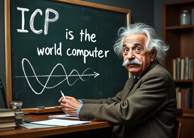 An AI-generated image of a man resembling Albert Einstein sitting at a desk, with a chalkboard behind him reading 'ICP is the world computer' alongside a drawn waveform.