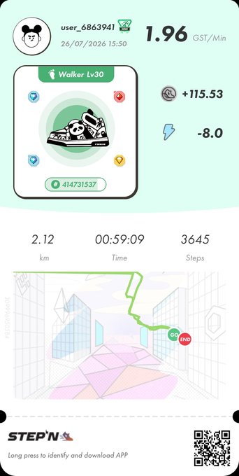 A Step'N app activity summary for user_6863941 showing a Walker Lv30 sneaker, 1.96 GST/Min earnings, 2.12 km distance, 00:59:09 time, and 3645 steps with a route map.