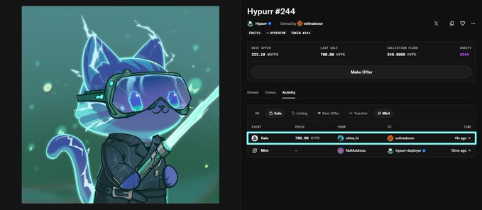 The image shows the OpenSea listing page for Hypurr #244, displaying its character artwork—a blue cat wearing VR goggles and holding a sword—along with sale details confirming it was sold for 700 $HYPE (~$54.8K) to @shiva_hl_ approximately 41 seconds ago, matching the post's announcement of the Epic Hypurr NFT transaction.