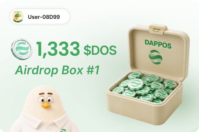 A graphic showing a box filled with green tokens labeled 'DAPPOS', displaying '1,333 $DOS Airdrop Box #1' next to a 3D duck mascot and a 'User-08D99' tag.