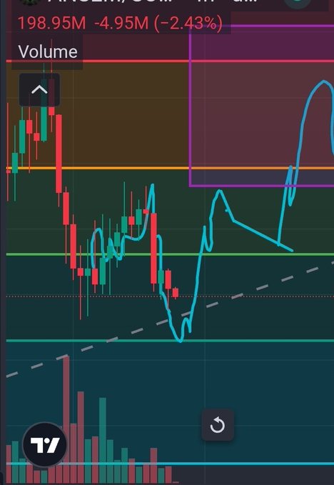 A stock chart showing red and green candlesticks with a cyan moving average line, displaying '198.95M -4.95M (-2.43%)' at the top in red.