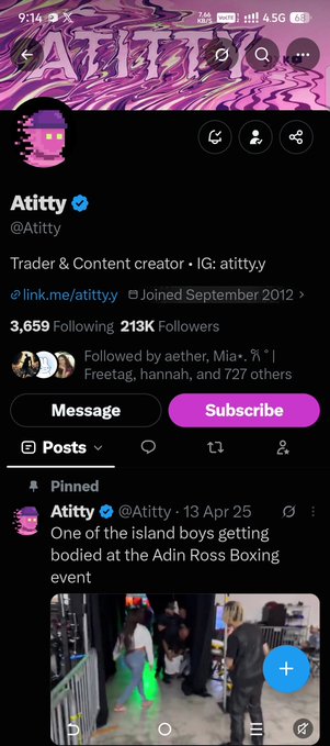 A Twitter/X profile page for 'Atitty' (@atittyy), a Trader & Content creator, showing 3,659 Following, 213K Followers, and a pinned post about an Adin Ross Boxing event.