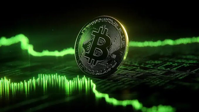 A golden Bitcoin coin standing upright against a dark background with glowing green candlestick charts and price graphs surrounding it.