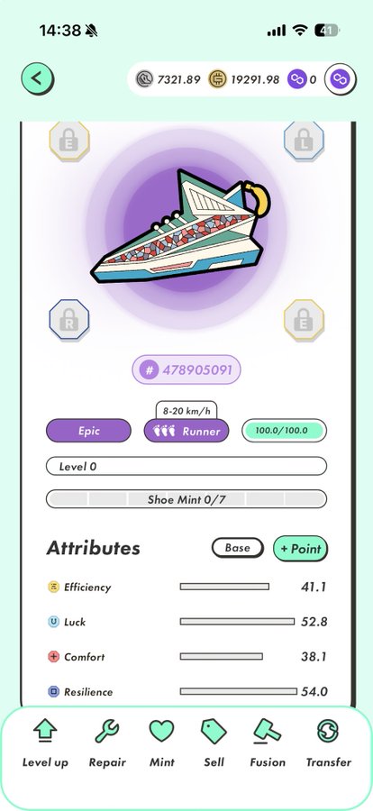 A mobile game interface displaying an Epic tier sneaker with attributes including Efficiency 41.1, Luck 52.8, Comfort 38.1, and Resilience 54.0, along with menu options for Level up, Repair, Mint, Sell, Fusion, and Transfer.
