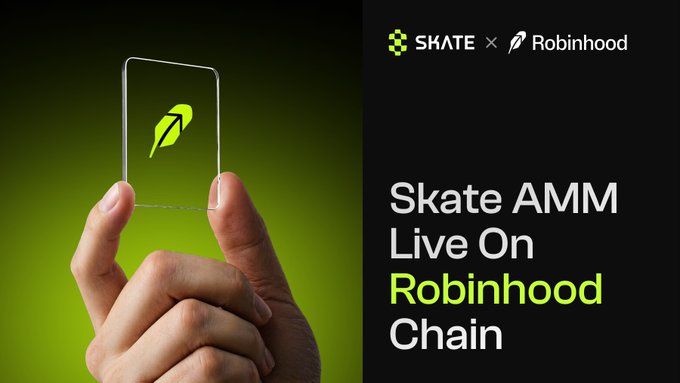 A hand holds up a clear card featuring the Skate logo against a vibrant green gradient background, alongside text reading "SKATE × Robinhood" and "Skate AMM Live On Robinhood Chain." The image visually announces the partnership between Skate AMM and Robinhood Chain, aligning with the post's message of enabling shared liquidity pools across Ethereum, Solana, and Robinhood Chain.