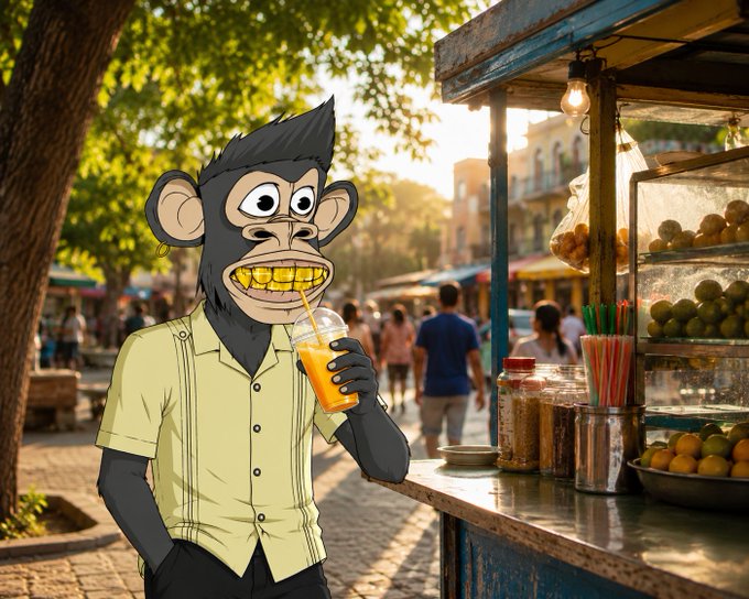 An illustrated cartoon of a black monkey wearing a yellow shirt, grinning with gold teeth while drinking an orange beverage at an outdoor street market stall.
