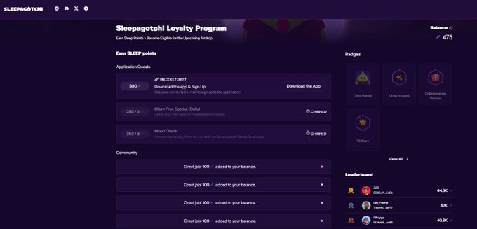The 'Sleepagotchi Loyalty Program' dashboard showing 'Earn Sleep Points' quests, application goals (download app, claim free Gotchi, mood check), community activity feed, badges, and a leaderboard with a balance of 475.