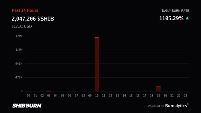 SHIBburn bar chart showing past 24 hours burns of 2,047,206 $SHIB ($12.31 USD) with a daily burn rate increase of 1105.29%, powered by Burnalytics.