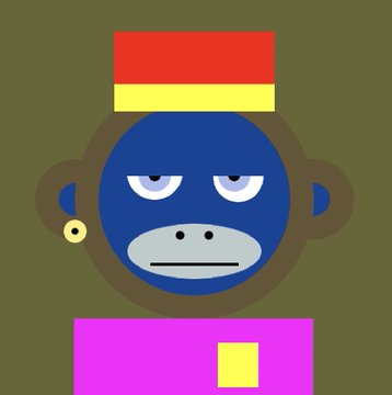 A cartoon graphic of a bored-looking blue monkey face wearing a red and yellow hat, an earring, and a magenta shirt against an olive green background.