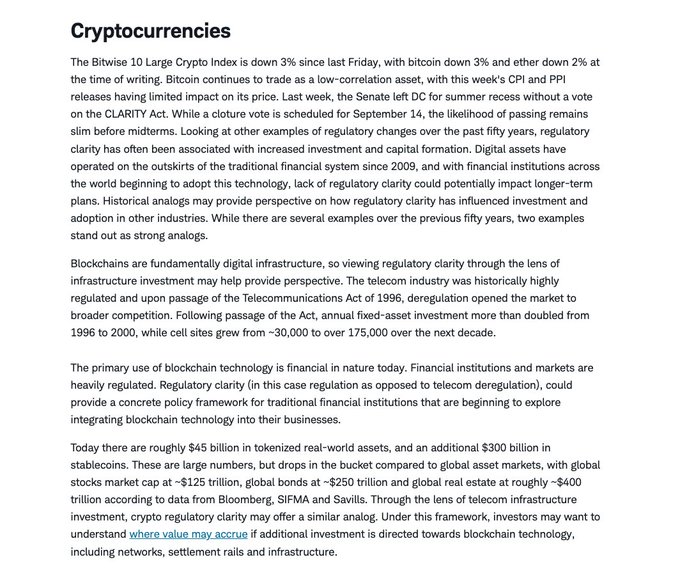 The image shows a text excerpt from Schwab's "Weekly Trader's Outlook" focused on cryptocurrencies, highlighting that the Bitwise 10 Large Crypto Index is down 3% last week, with Bitcoin down 3% and Ether down 2% at writing, while noting limited regulatory clarity for blockchain and drawing parallels to the Telecom Act of 1996.