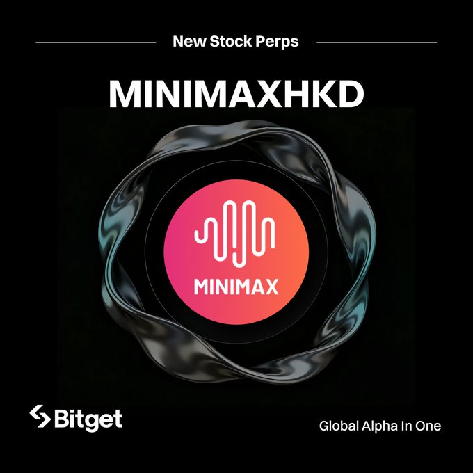 Bitget promotional graphic for 'New Stock Perps MINIMAXHKD' featuring a stylized logo with the text 'MINIMAX' and tagline 'Global Alpha In One'.
