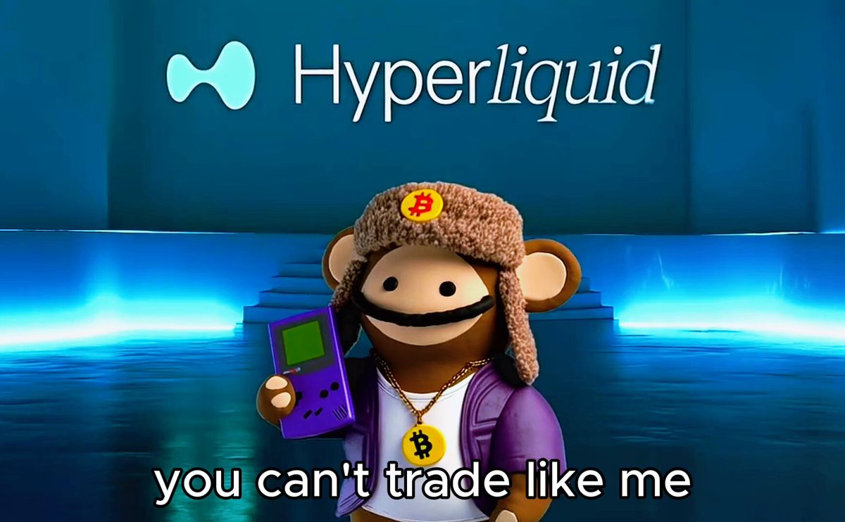 The image features a purple monkey wearing a hat, holding a video game remote control with one paw up as if ready to play or dance. The background of the picture is blue, and there's also text indicating that the monkey represents Hyper Liquid. This combination creates an interesting contrast between the playful and fun nature of the monkey and the serious context of the video game logo and name.