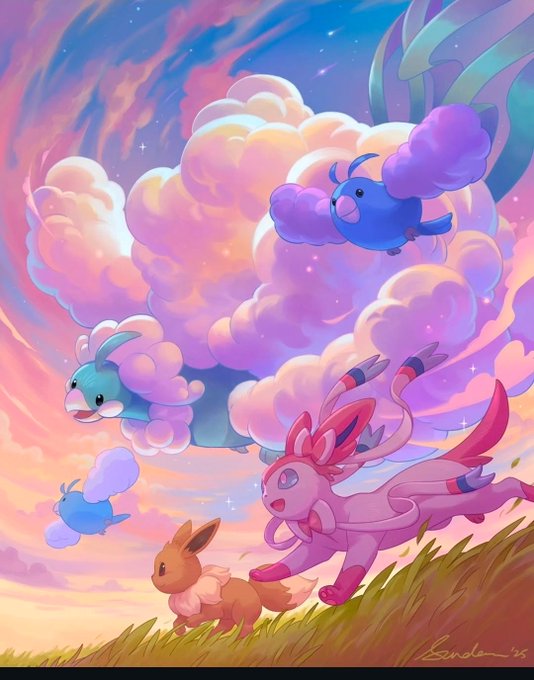A whimsical pastel-colored illustration featuring various Pokémon including Eevee, Sylveon, Swablu, Altaria, and a Swirlix-like bunny cloud creature playing among fluffy clouds at sunset.
