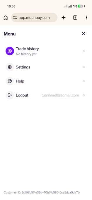 A mobile screenshot of the MoonPay website menu showing options for 'Trade history', 'Settings', 'Help', and 'Logout' for the user 'tuanhne88@gmail.com', with a Customer ID visible at the bottom.