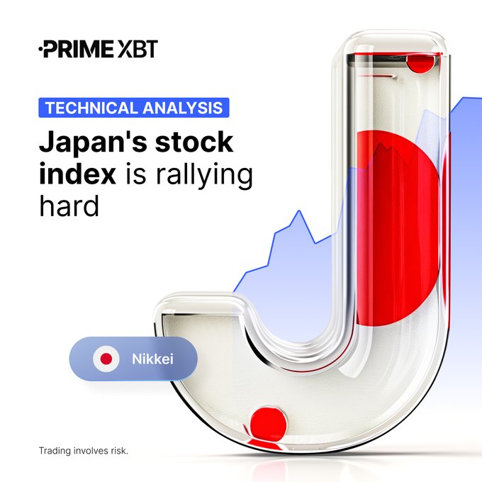A promotional graphic for 'PRIME XBT' features text reading 'TECHNICAL ANALYSIS: Japan's stock index is rallying hard' and 'Nikkei'. The design includes a 3D rendering of a test tube containing the Japanese flag and an upward-trending blue chart.