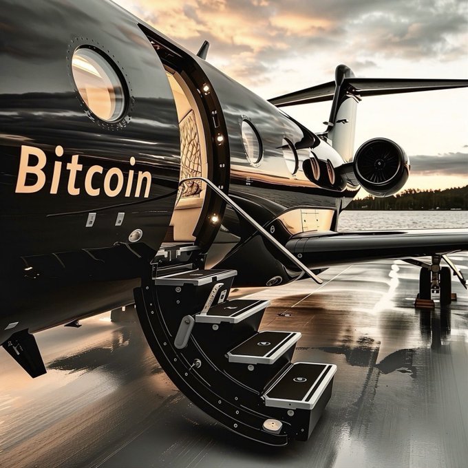 A luxury black private jet with 'Bitcoin' written on the side, featuring an open door with illuminated stairs on a wet tarmac at sunset.
