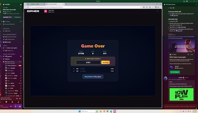 Screen capture of a Cipher game session on Discord showing a 'Game Over' screen with a score of 27738, alongside chat channels and a 'NOW PLAYING' widget.
