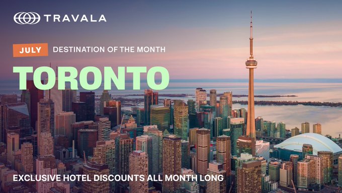 A promotional graphic from Travala featuring the Toronto skyline at sunset, with the CN Tower prominently visible, advertising "JULY DESTINATION OF THE MONTH: TORONTO" with "EXCLUSIVE HOTEL DISCOUNTS ALL MONTH LONG" overlaid on the image, complementing the post's call to action about booking discounted Toronto hotels with crypto or fiat.