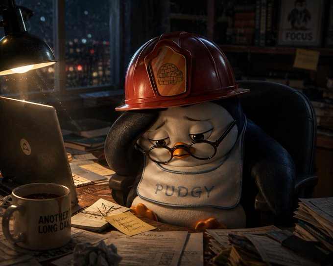 A digital artwork of a tired-looking penguin wearing a red firefighter helmet and glasses, with "PUDGY" written on its belly, sitting at a cluttered desk with a laptop and a mug that reads "ANOTHER LONG DAY".