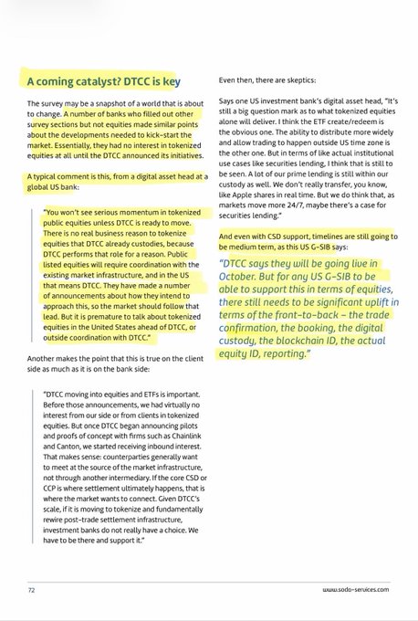 This image shows a page from a financial article titled "A coming catalyst? DTCC is key," discussing how the Depository Trust & Clearing Corporation's (DTCC) initiatives could catalyze tokenized equities, with highlighted text emphasizing key points about DTCC's role, US G-SIB banks, and trading timelines for October 2025.