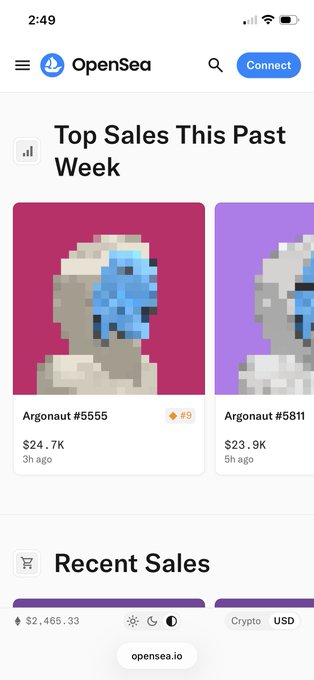 Mobile screenshot of the OpenSea app showing 'Top Sales This Past Week' featuring Argonaut #5555 ($24.7K, 3h ago) and Argonaut #5811 ($23.9K, 5h ago) with pixel art portraits.