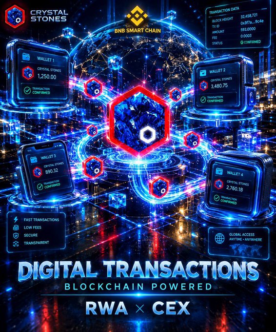 A futuristic digital promotional graphic for "Crystal Stones" featuring a central blue glowing crystal on a high-tech blockchain network, surrounded by four wallet displays showing Crystal Stones balances (1,250.00, 3,480.75, 890.32, and 2,760.18) all marked as "Transaction Confirmed." The BNB Smart Chain logo appears at the top, with transaction data panels and highlights like "Fast Transactions," "Low Fees," and "Global Access," while the bottom text reads "Digital Transactions — Blockchain Powered — RWA x CEX." This visually reinforces the post's pitch of Crystal Stones as an RWA gem on the BNB Chain, emphasizing secure, fast, and transparent digital asset transactions.