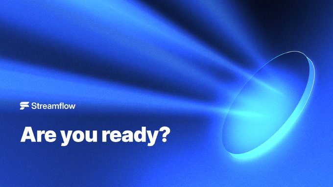 A promotional graphic from Streamflow features the bold text "Are you ready?" against a dramatic blue background with radiating light beams and a glowing elliptical ring on the right, visually amplifying the post's teaser message that "The next chapter starts soon. Get ready."