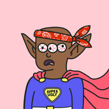 A cartoon character wearing a red bandana and a cape, dressed in a blue superhero outfit with a "SUPER UGLY" badge on the chest. The image aligns with the post's reference to the "uglies" community and the SquigsNFT collection, visually representing the "Super Ugly" theme that the poster is promoting.