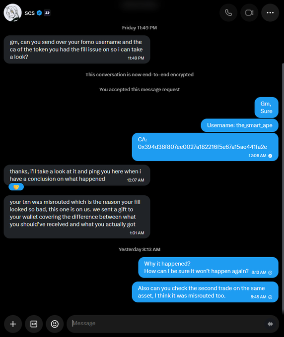 A direct message conversation where user "the smart_ape" shares a Solana token contract address (0x394dd38f807ee0027a182216f15e67af15ae441fa2e) with "scs" to investigate a failed transaction, after which scs confirms the transaction was "misrouted" and sent a $50 gift to cover the difference.
