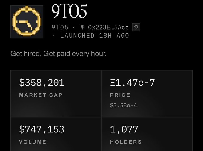 The image shows a meme cryptocurrency page for token "9T05" with a market cap of $358,201, volume of $747,153, and 1,077 holders, launched 18 hours ago, which aligns with the post highlighting its $358k market cap and promoting the token.