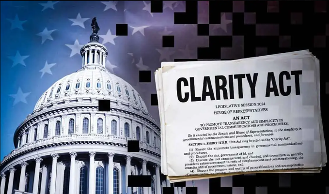 A graphic shows the U.S. Capitol building with an American flag overlay and a document titled 'CLARITY ACT' from the Legislative Session 2024, House of Representatives.