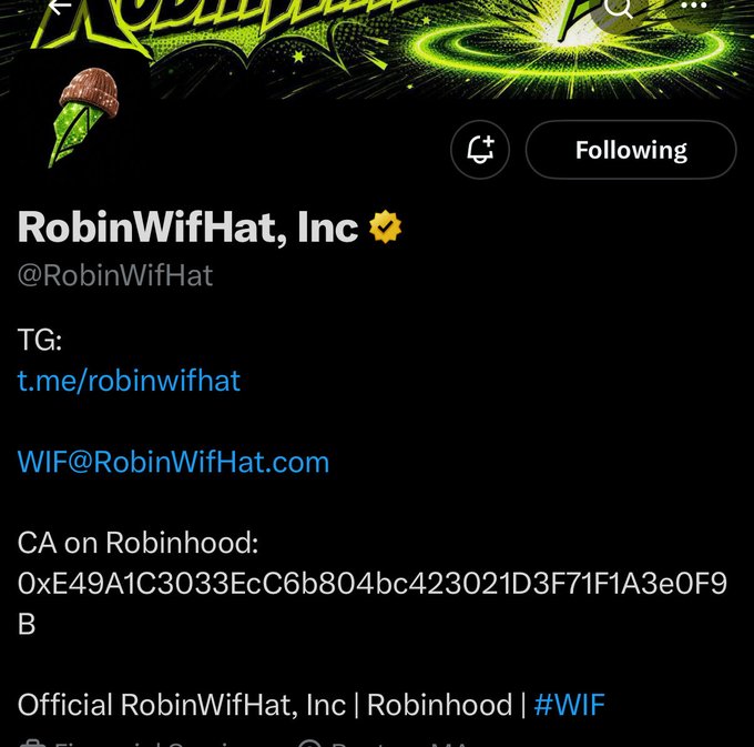 The image shows an X (Twitter) profile page for "RobinWifHat, Inc" (@RobinWifHat), a verified account displaying a contract address (CA) on Robinhood, a Telegram link (t.me/robinwifhat), and contact info (WIF@RobinWifHat.com), tagged with #WIF.

However, this image does not relate to the accompanying post, which references an upcoming project by @crypto_czar_eth and mentions stacking whitelists for minter opportunities—content that is not reflected anywhere in the RobinWifHat profile screenshot.