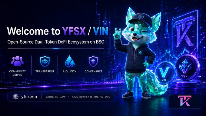 A vibrant promotional graphic for the YFSX/VIN open-source dual-token DeFi ecosystem on BSC features a cartoon fox mascot in a hoodie making a peace sign, set against a neon cityscape with key icons highlighting "Community Driven," "Transparent," "Liquidity," and "Governance" principles, alongside the website "yfsx.vin" and the slogans "Code is Law" and "Community is the Future."