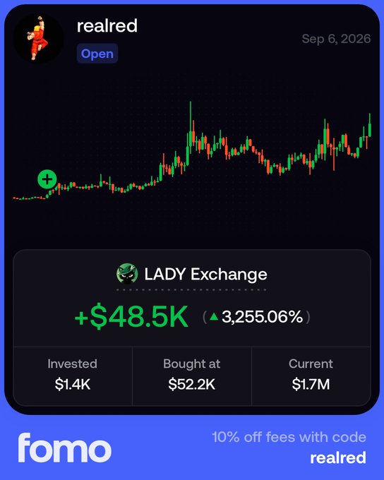 The image shows a FOMO app screenshot highlighting a "realred" portfolio entry for LADY Exchange ($LDX), boasting a gain of +$48.5K (3,255.06%) on a $1.4K investment now valued at $1.7M, paired with a promo code for 10% off fees—visually emphasizing the kind of massive 7-figure trade the post teases.