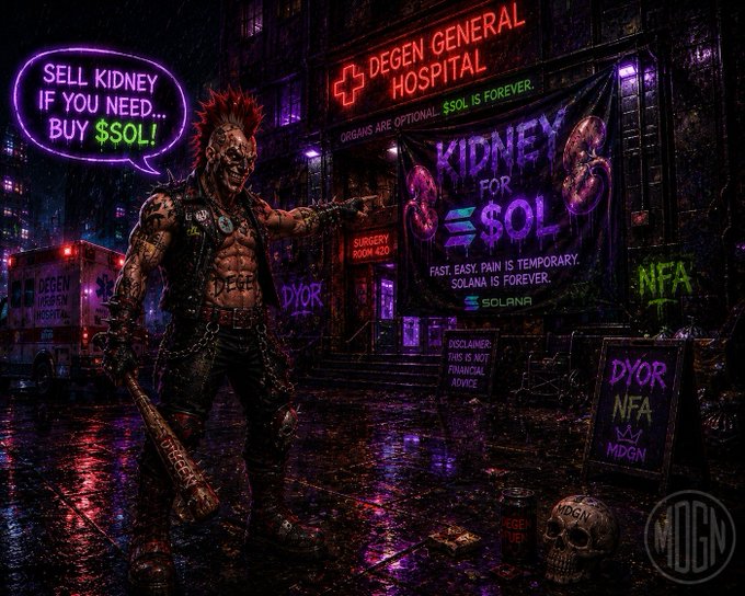 The image features a man dressed as a punk rocker with a fake skeleton standing next to a banner promoting kidney donations. The banner reads "Kidney for Sol" along with various donation-related messages such as "Faster, easier, permanent". This scene appears to be part of an advertisement or campaign related to kidney donation and the associated costs, encouraging people to donate their kidneys by offering them money in exchange for saving another person's life.