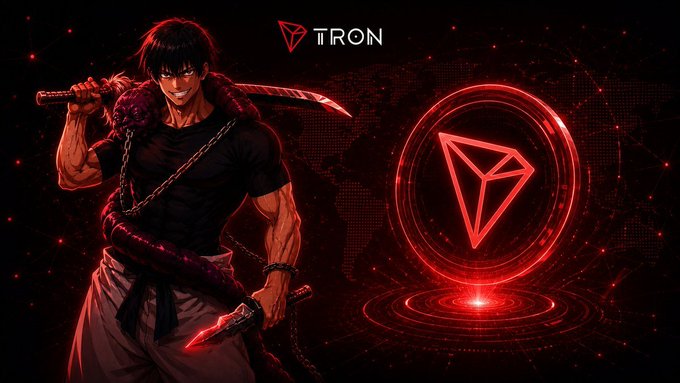 A stylized illustration of a swordsman wielding dual blades against a red digital backdrop, with the TRON logo and a glowing red triangular TRX emblem.
