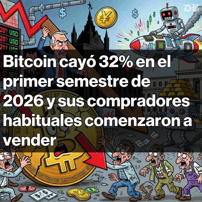 A cartoon illustration with Spanish text about Bitcoin: 'Bitcoin cayó 32% en el primer semestre de 2026 y sus compradores habituales comenzaron a vender' (Bitcoin fell 32% in the first half of 2026 and its habitual buyers began to sell).