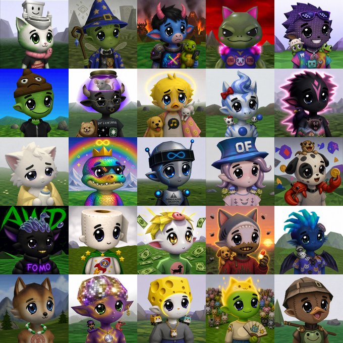 A grid of 25 colorful, cartoonish digital avatars with big eyes and varied costumes, several bearing visible text like "OF," "FOMO," "Priceless," and "AND," illustrating the stream of "pamp" NFT characters being generated in real time as referenced in the post.
