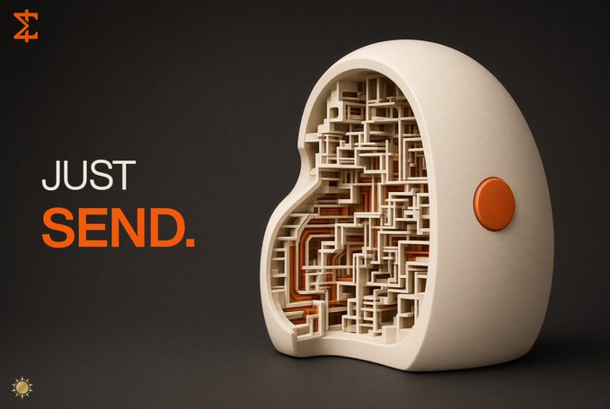 A sculptural heart-shaped object with an exposed internal maze-like structure sits beside the text "JUST SEND." in white and orange, visually reinforcing the post's message that Bread simplifies years of complex cryptography into a single action button, stripping away the intricate inner workings of Miden's ZK-proof machinery to deliver a user experience as simple as pressing "Send."