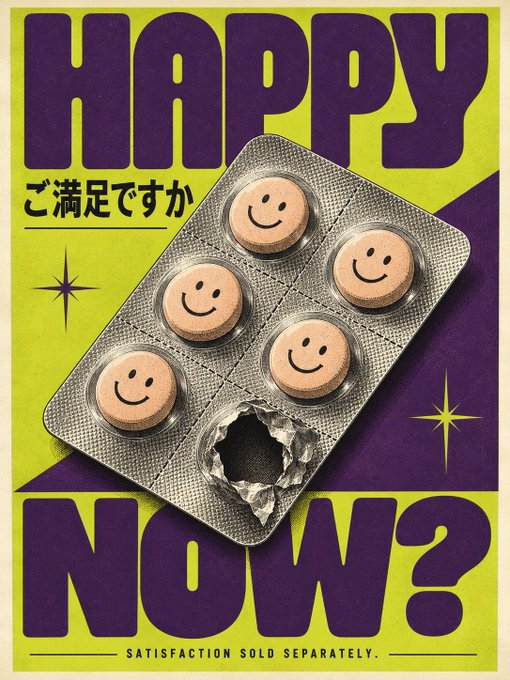 A poster design with bold purple text reading 'HAPPY NOW?' at the top and bottom, featuring a blister pack of smiley-face pills with one removed, and Japanese text 'ご満足ですか' and the tagline 'SATISFACTION SOLD SEPARATELY.'