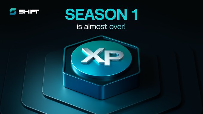 The "SHIFT" logo and "SEASON 1 is almost over!" text are displayed over a 3D rendering of a glowing "XP" icon, directly relating to the announcement of the Finale XP Booster.